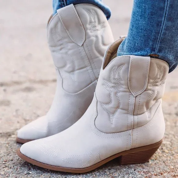 NEWπ₯ Sand Embroidered Cowboy Cowgirl Ankle Booties Boots Pointed Toe Block Heel - Picture 1 of 6